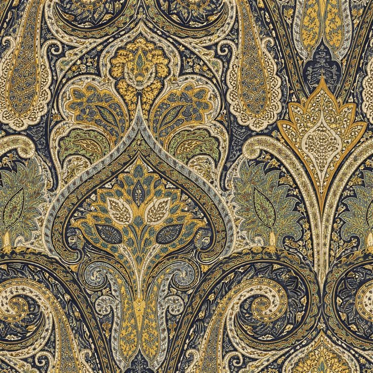 Paisley buta döşemelik kumaş — lacivert zemin, altın ve krem motif, Emse Home Bursa