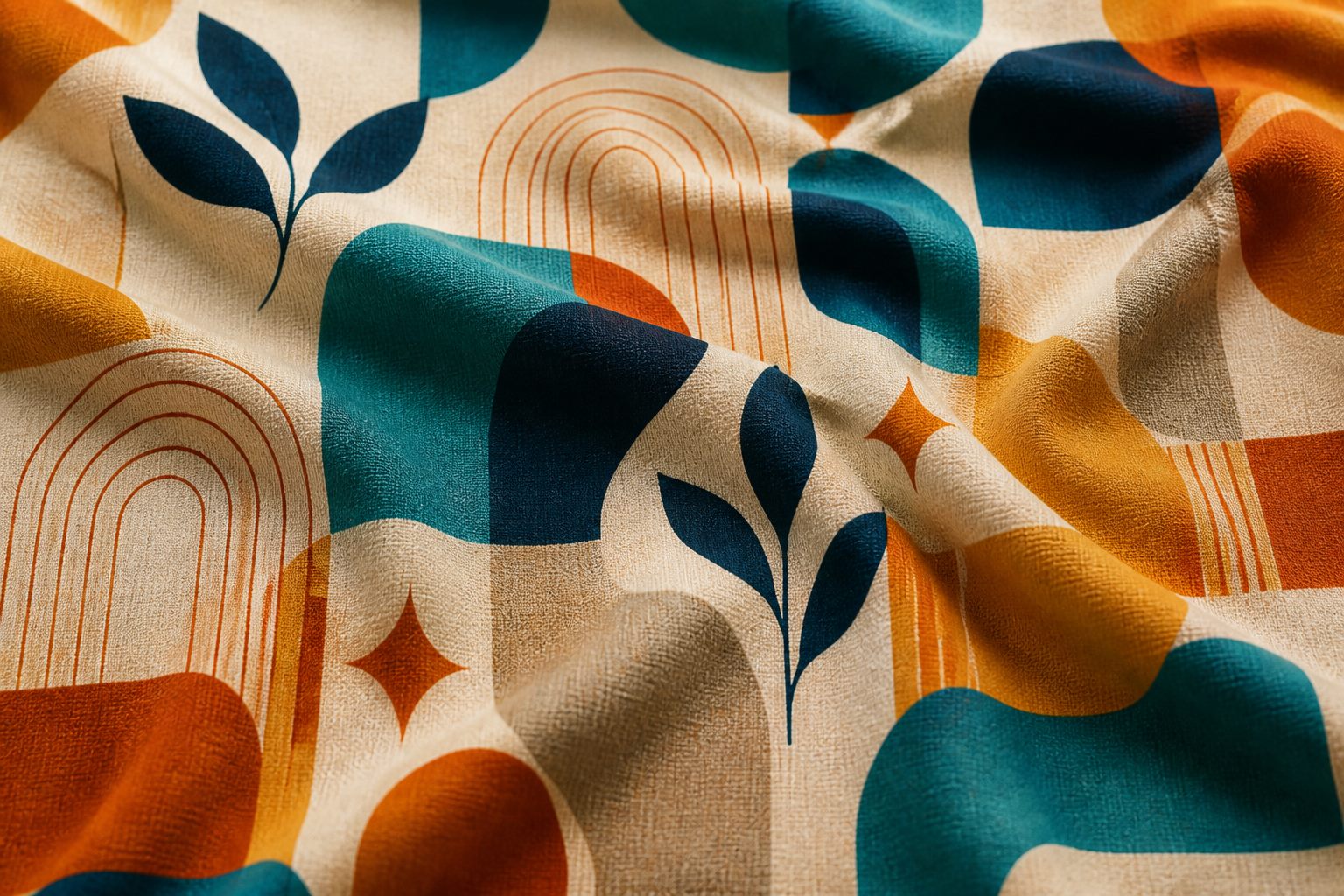 Geometrik döşemelik kumaş — teal, hardal ve terracotta dijital baskılı metraj, Emse Home Bursa